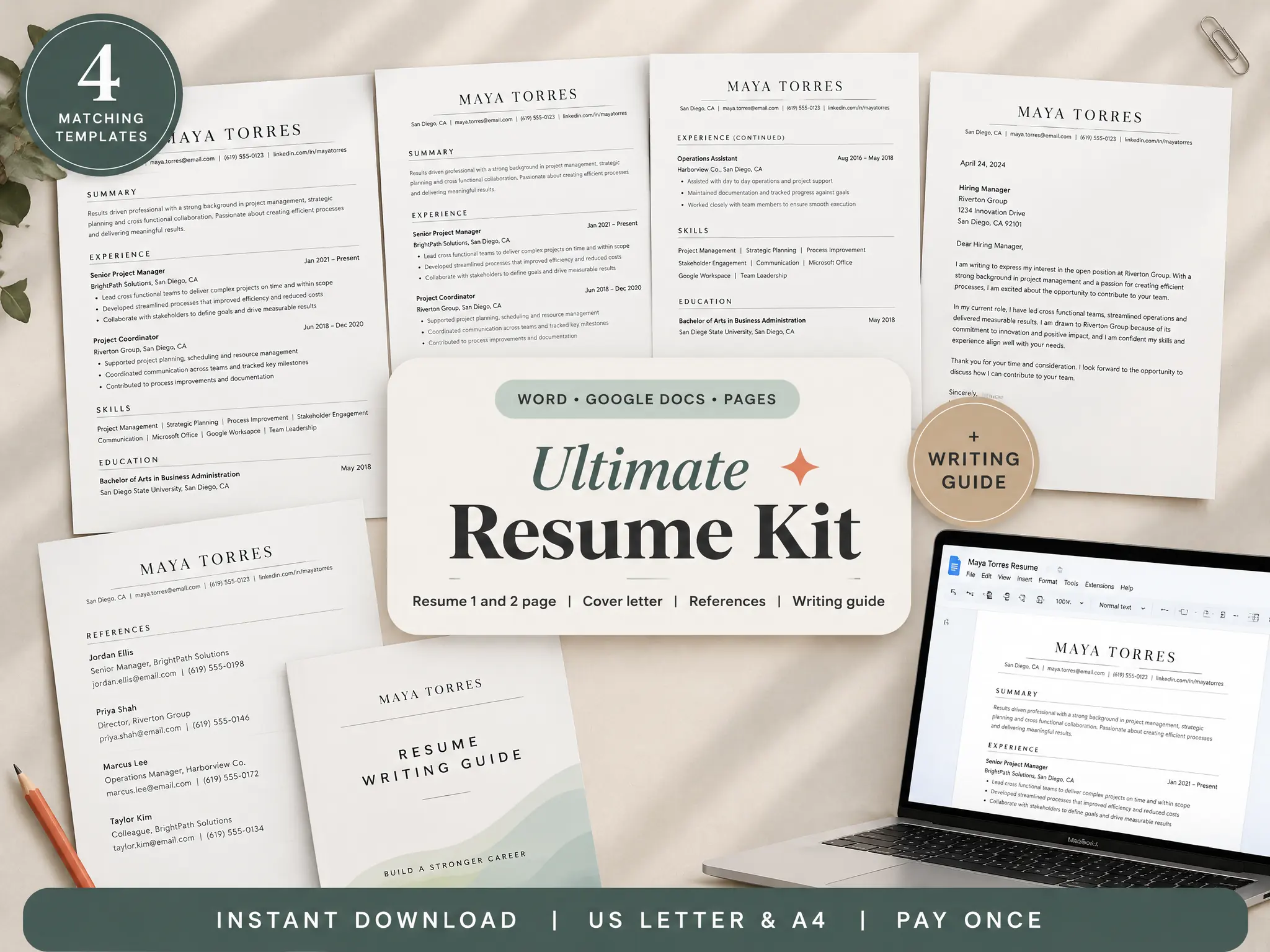 Ultimate Resume Kit: a one-column resume, cover letter, references page and writing guide in Word, Google Docs and Pages