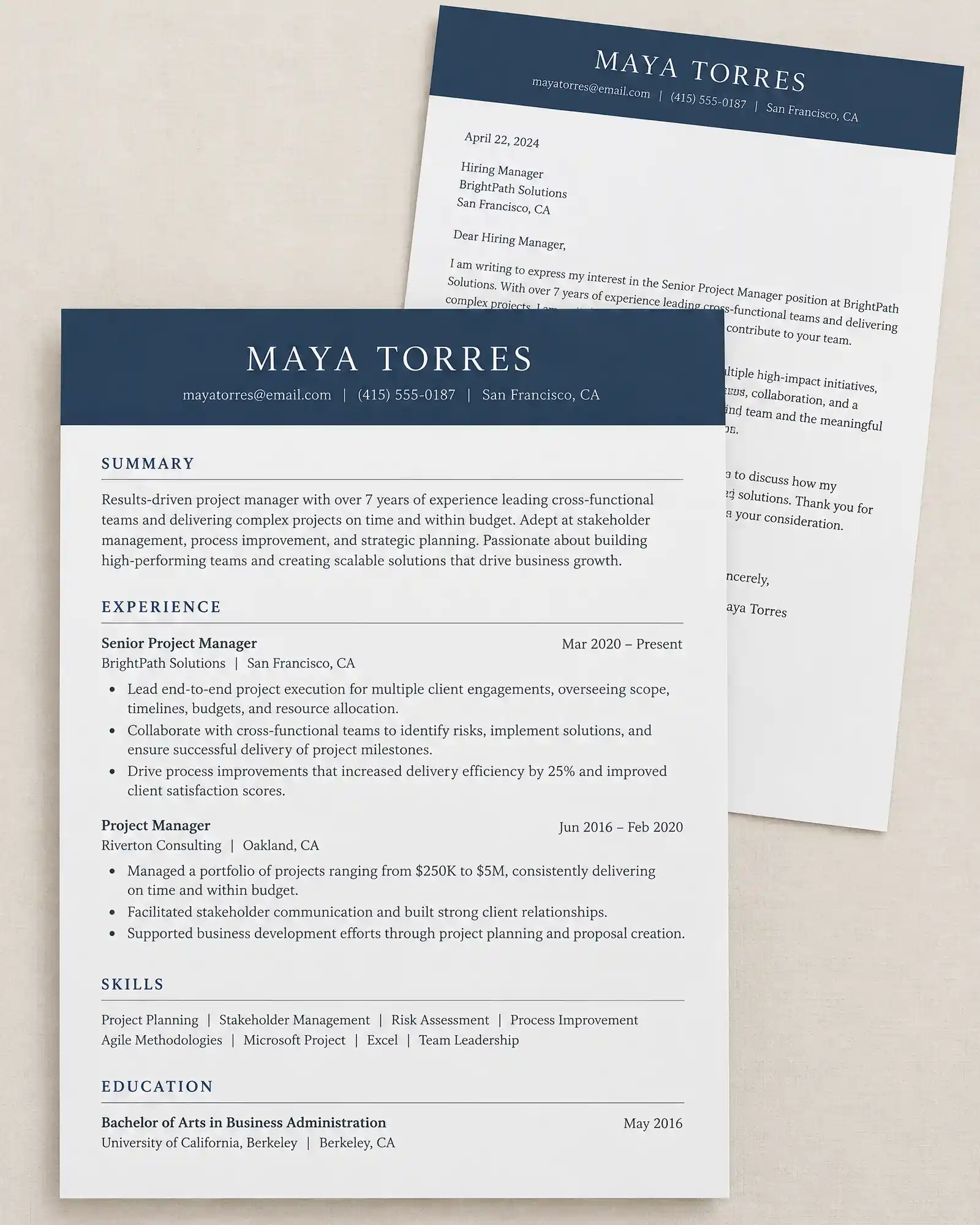 The resume and cover letter in the Classic Navy colour theme