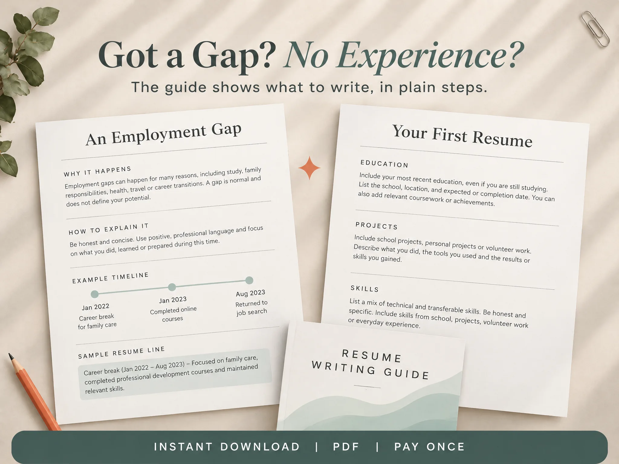 Preview of the resume guide's employment-gap and first-resume sections.