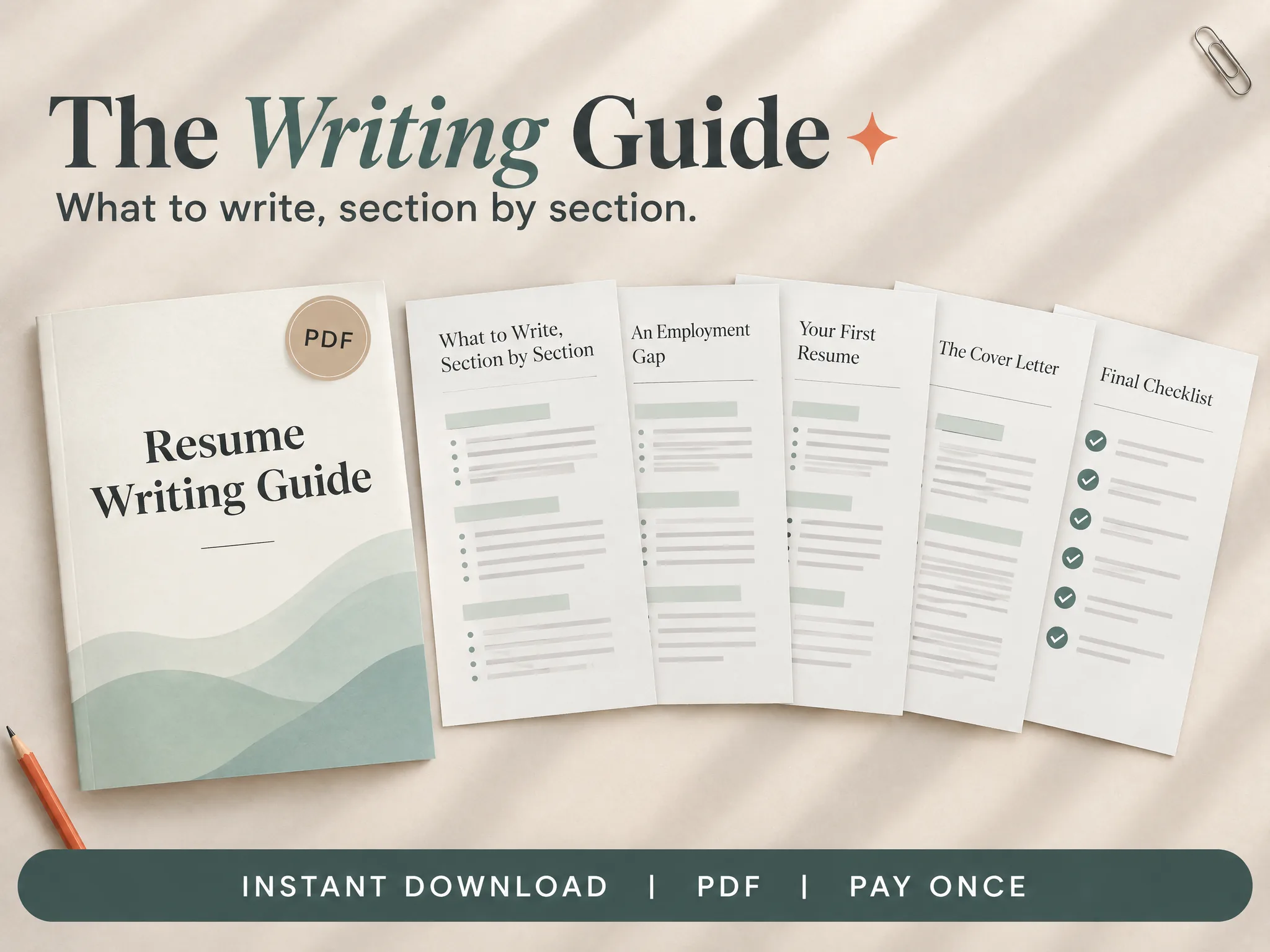 Preview of the resume writing guide, including the format, employment gap, first resume, cover letter and final checklist sections.
