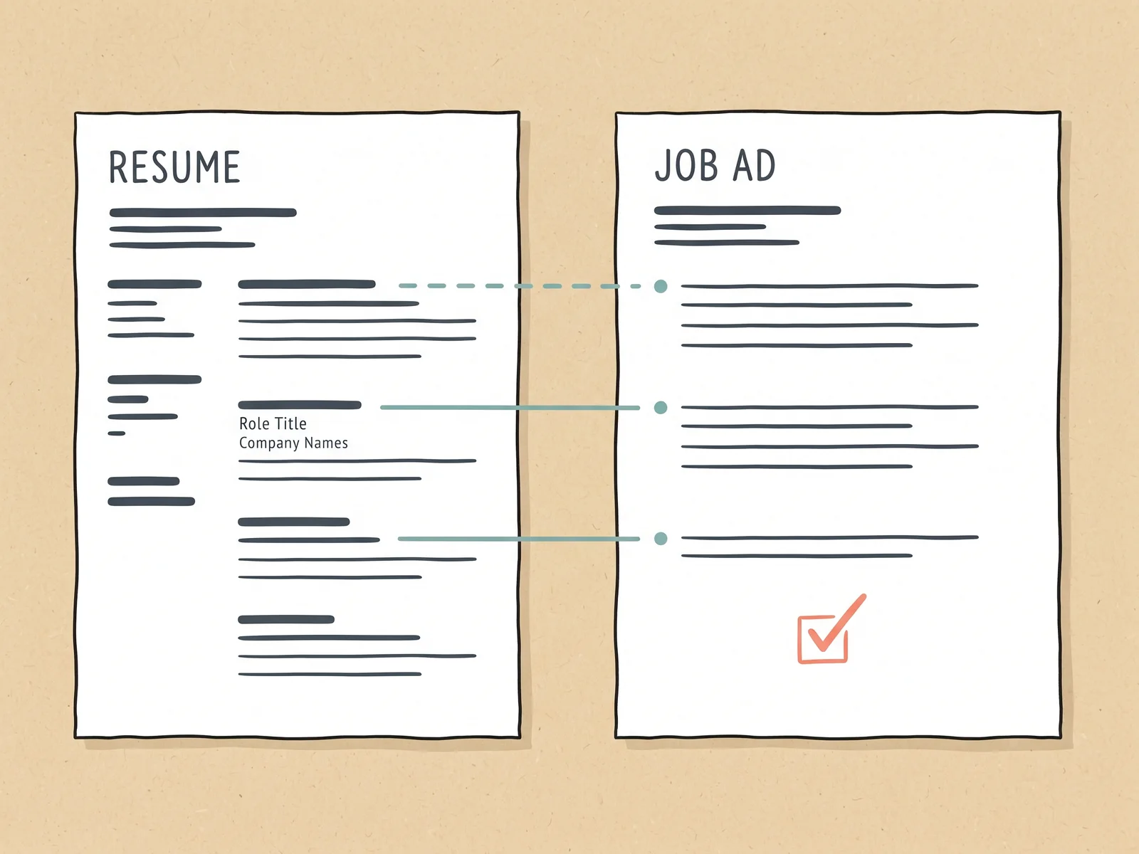 A writing guide illustration showing a checklist for tailoring a first resume to a job posting.