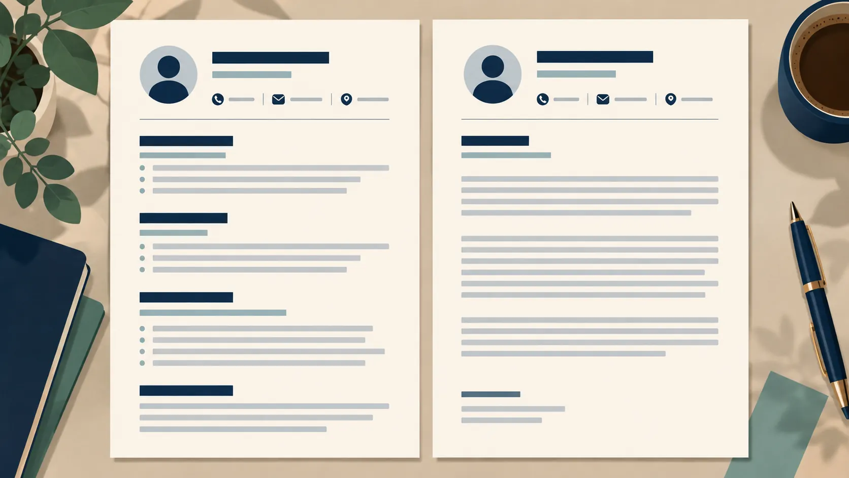 Two coordinated documents share a name header, contact line and type style while their body layouts differ.